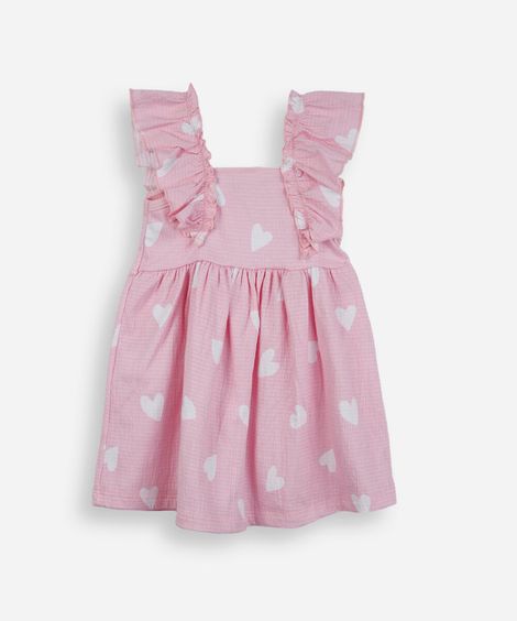 vestido infantil de algodão corações texturizado rosa