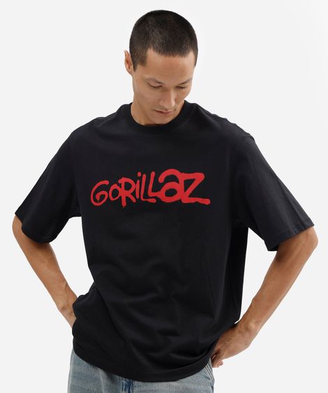 camiseta de algodão manga curta oversized gorillaz preto
