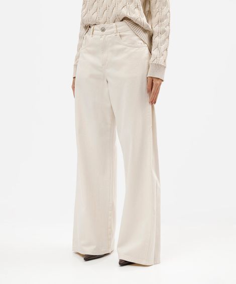 calça wide leg feminina de sarja com pregas cintura alta off white