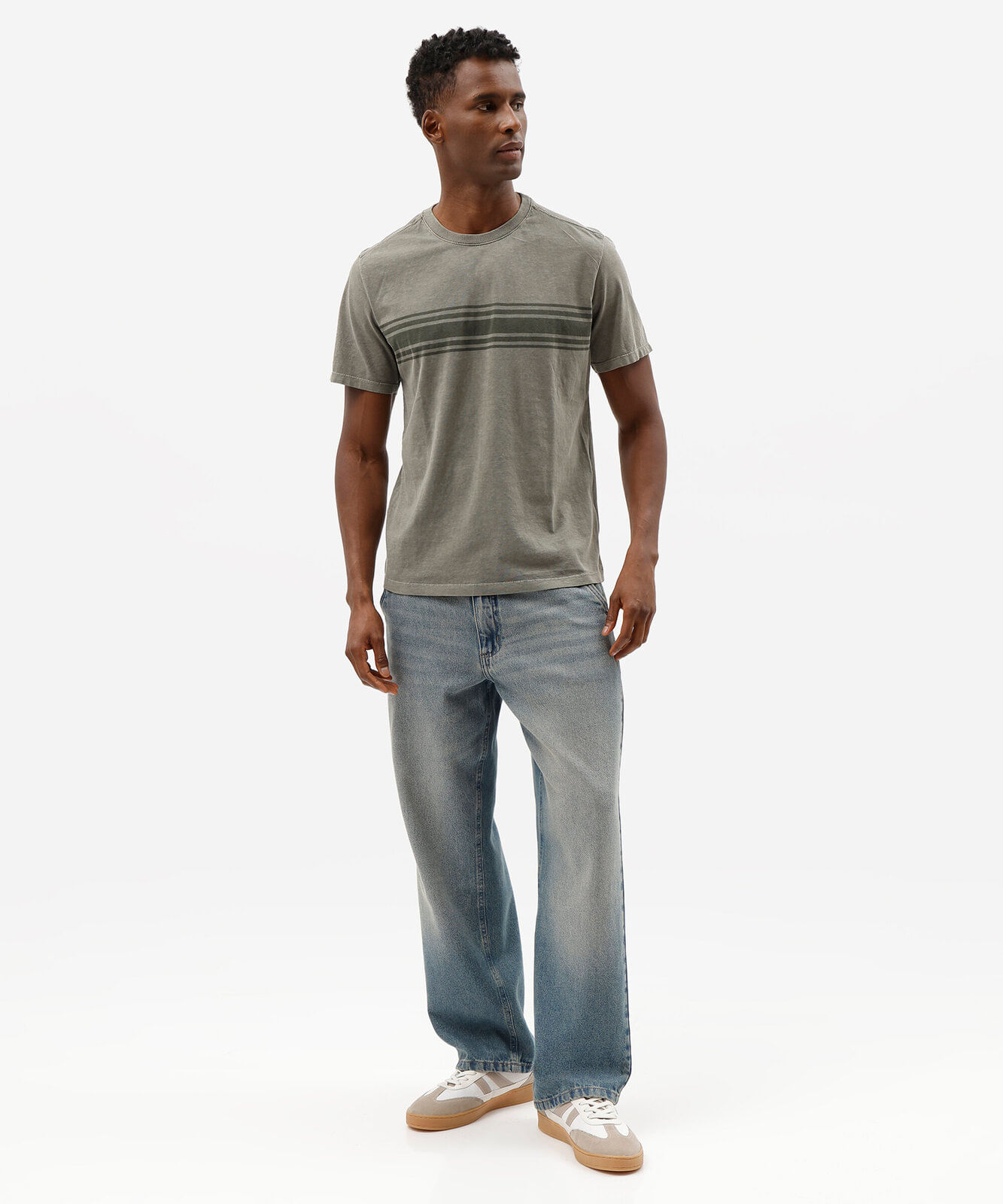 camiseta masculina comfort de algodão estonada com listras verde