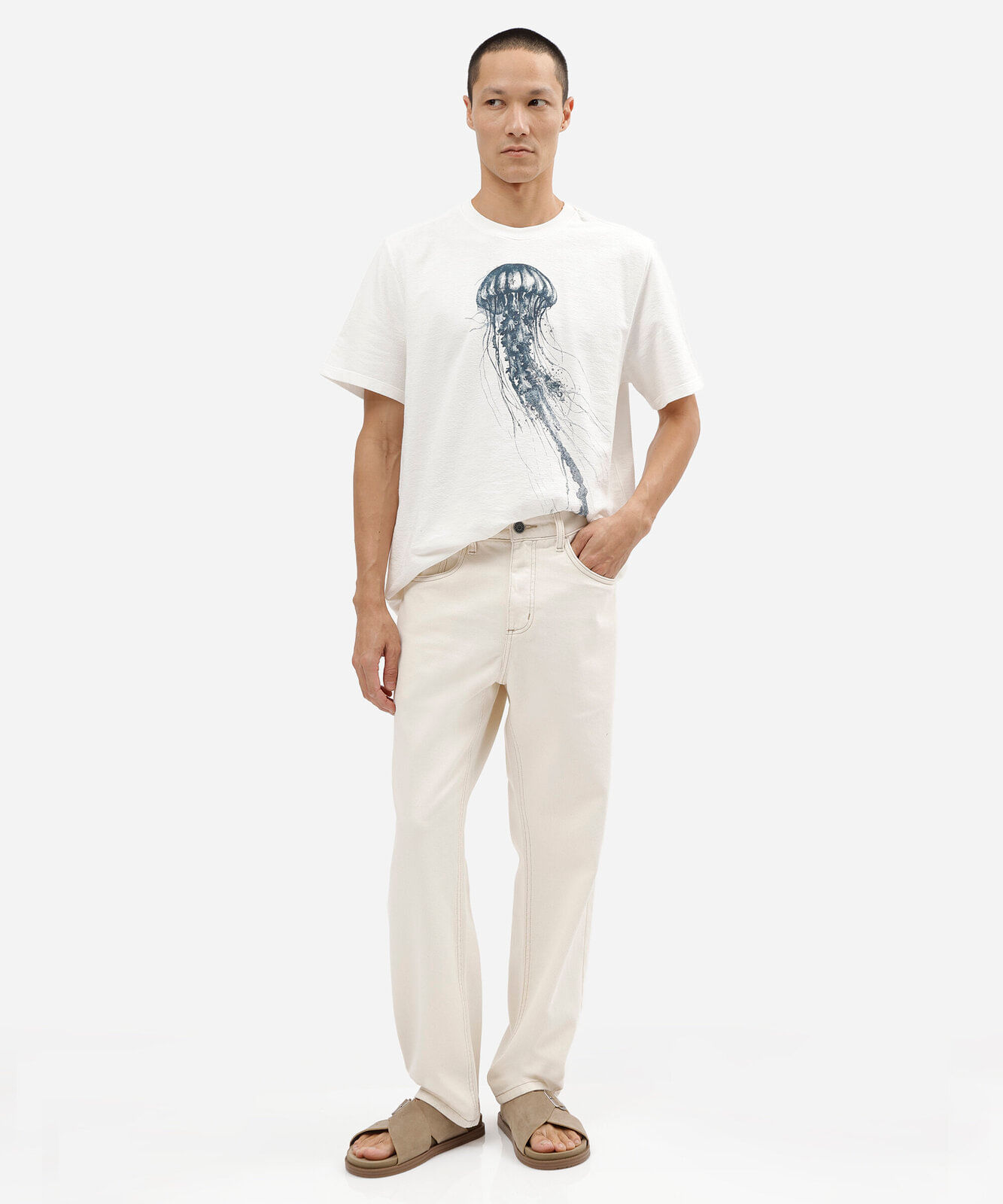 camiseta masculina de algodão manga curta estampada off white