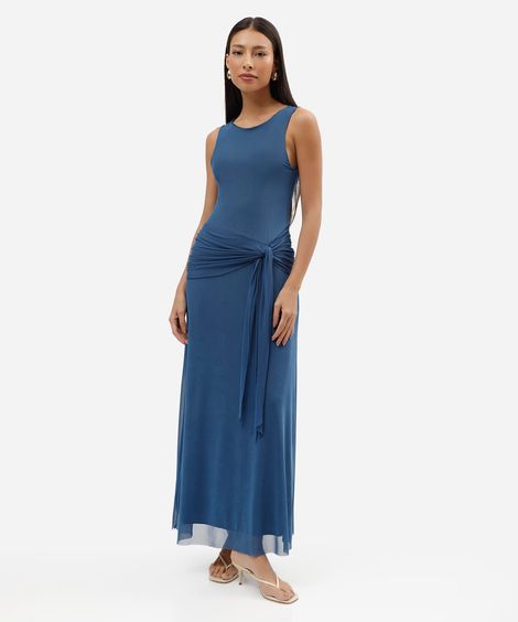 vestido longo feminino de tule com amarração azul