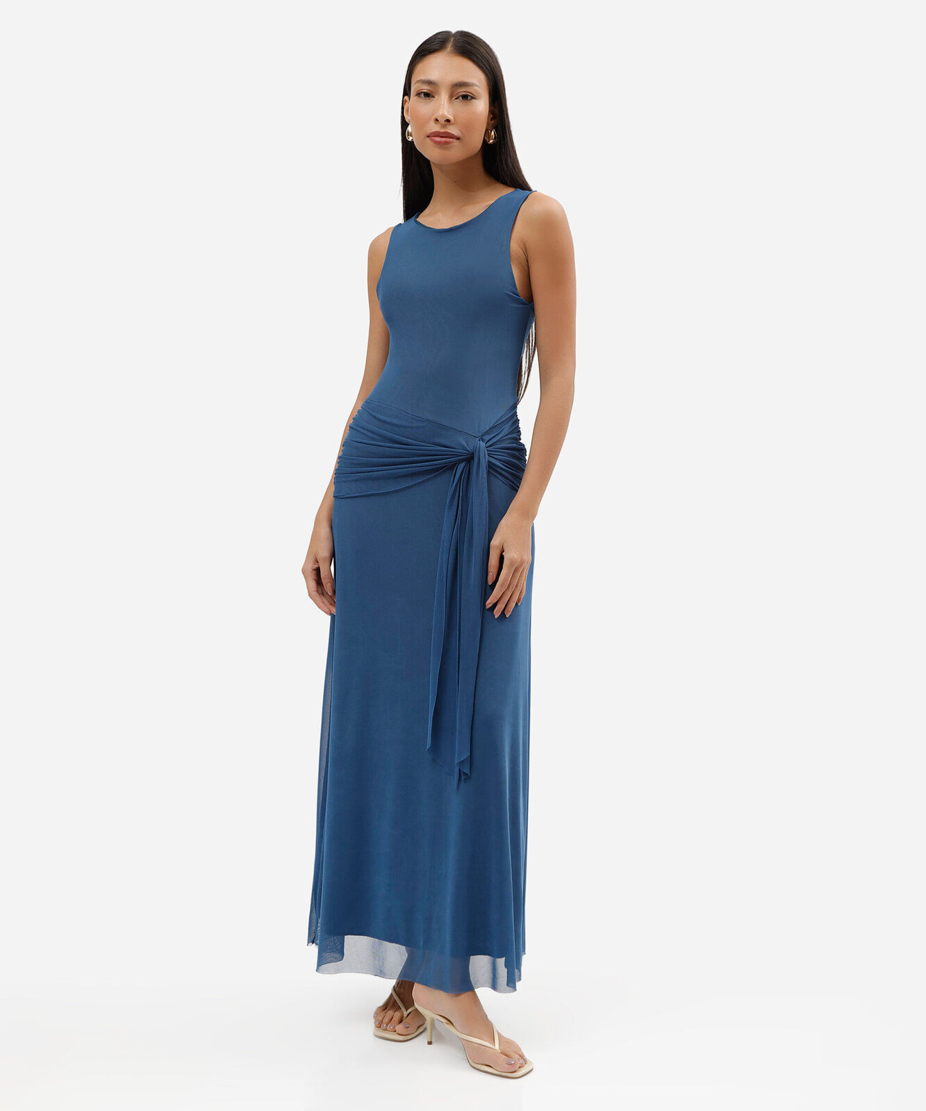 vestido longo feminino de tule com amarração azul