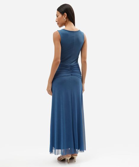 vestido longo feminino de tule com amarração azul