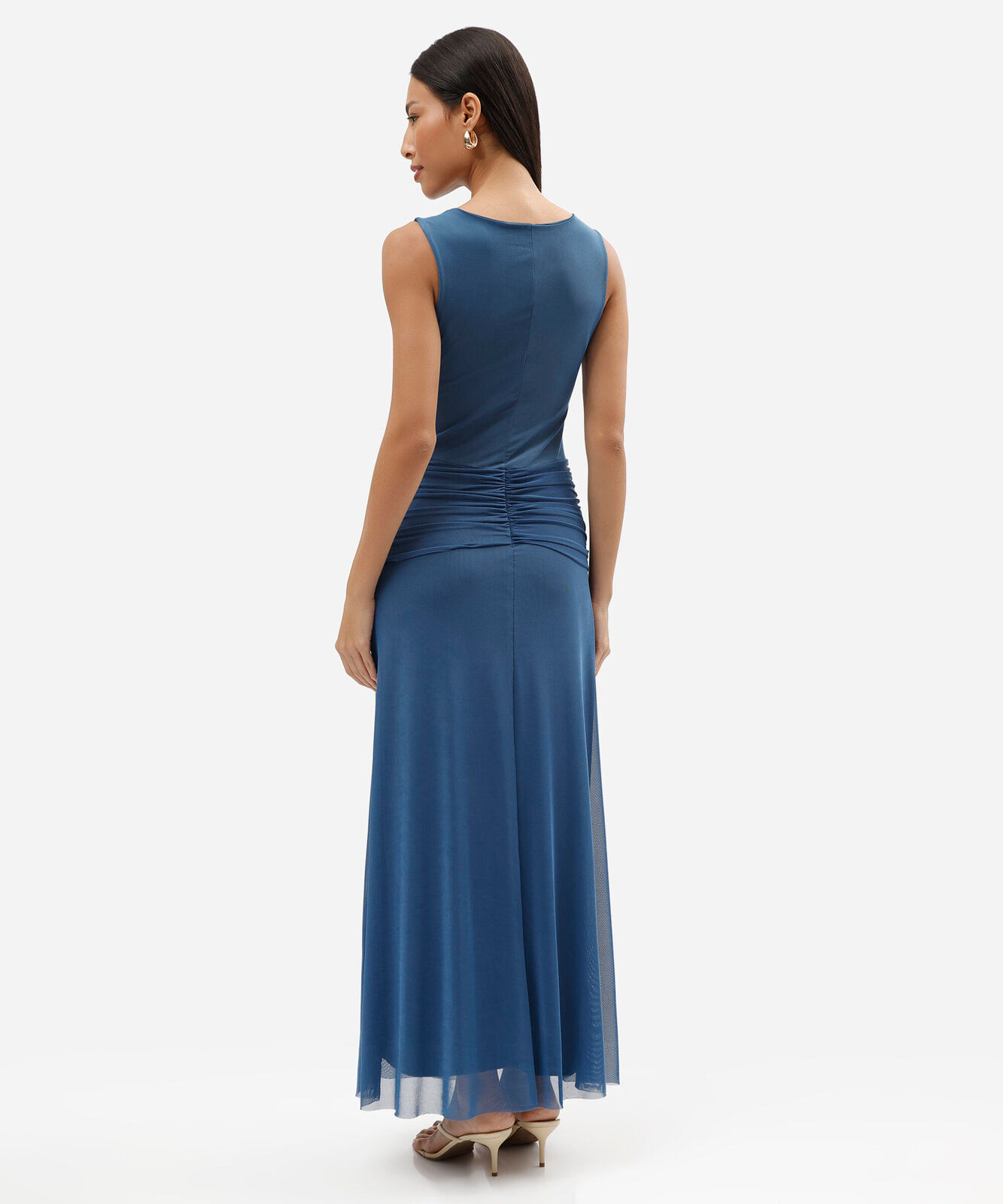 vestido longo feminino de tule com amarração azul