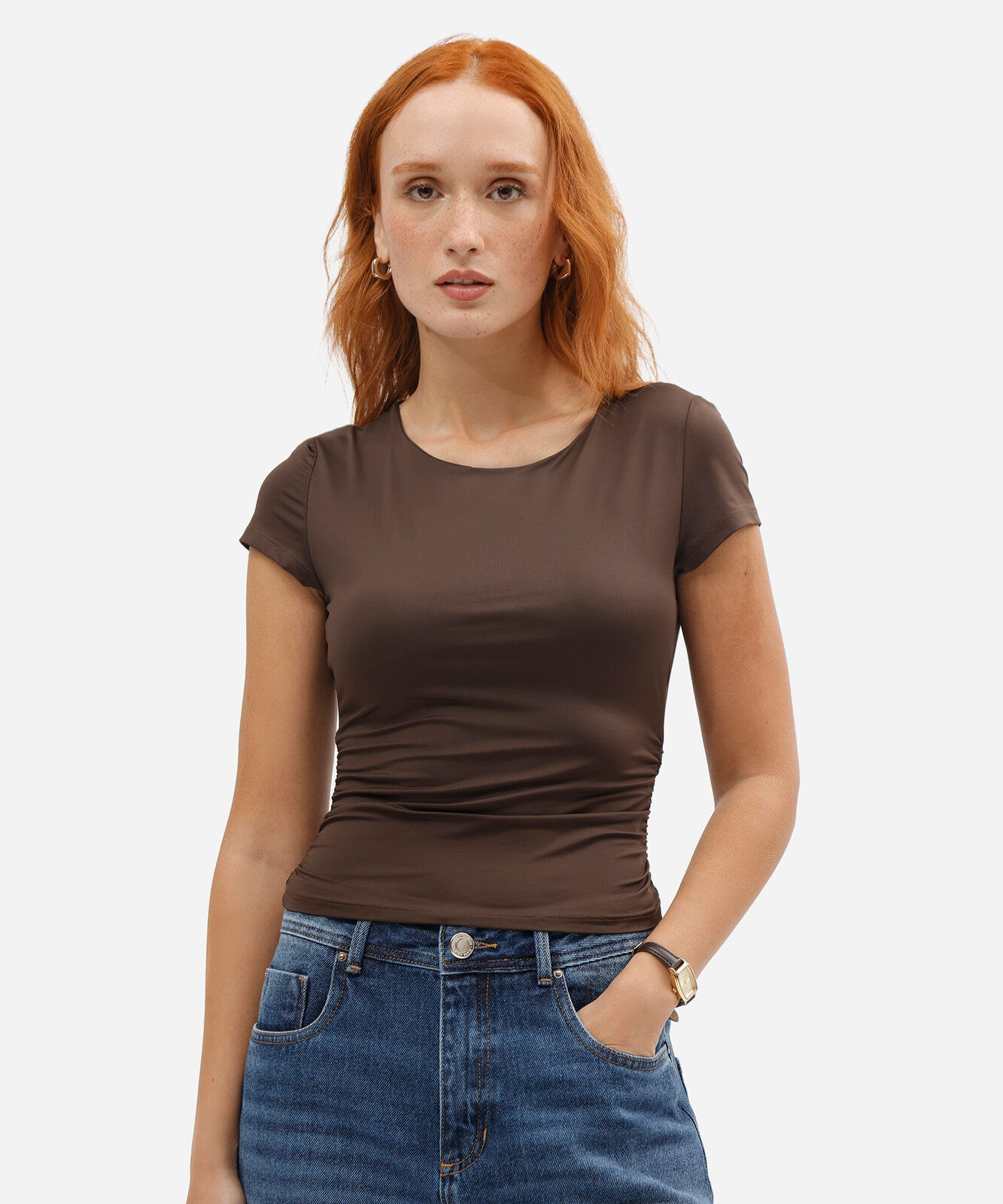 blusa baby look feminina de poliamida franzida marrom