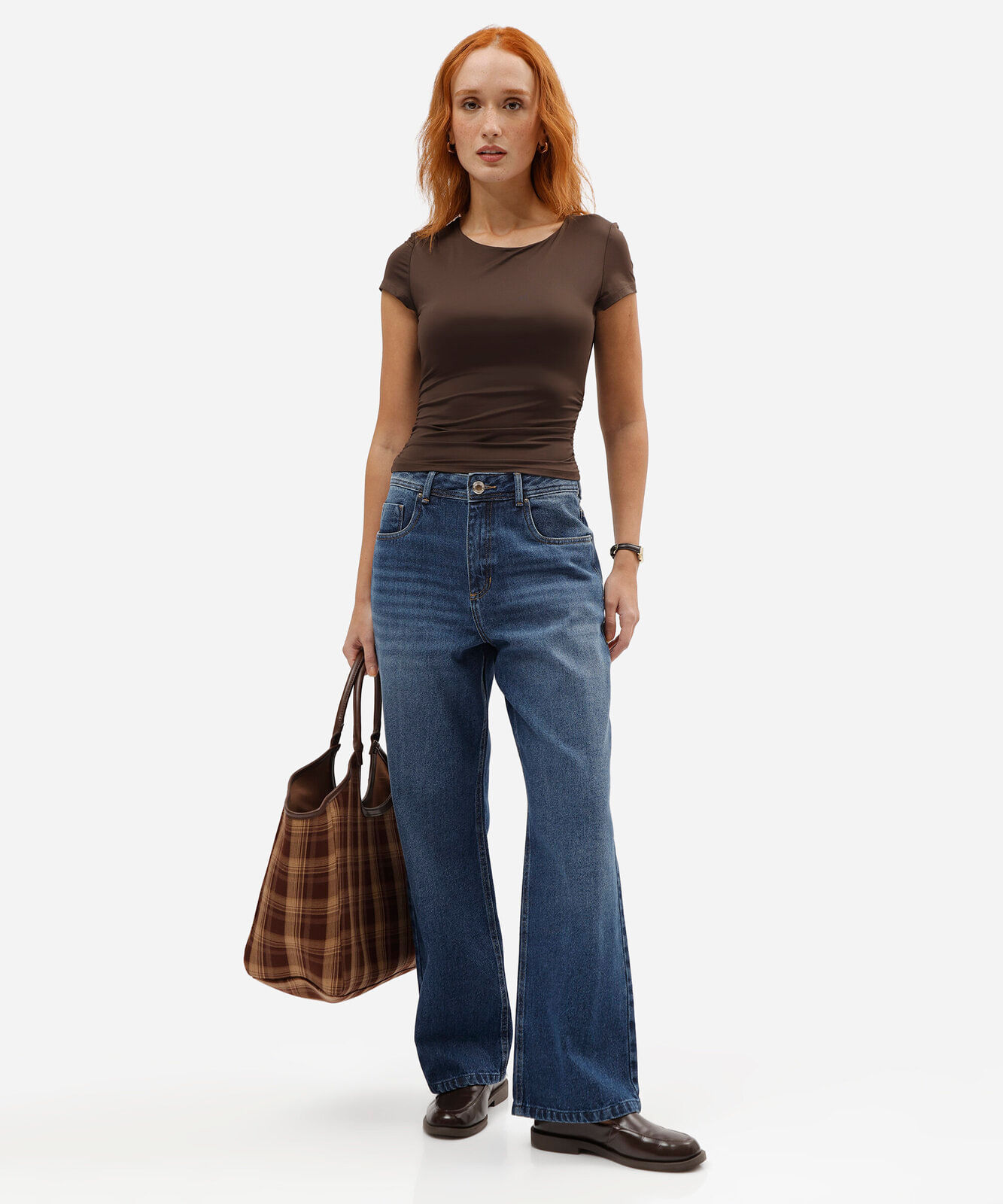 blusa baby look feminina de poliamida franzida marrom