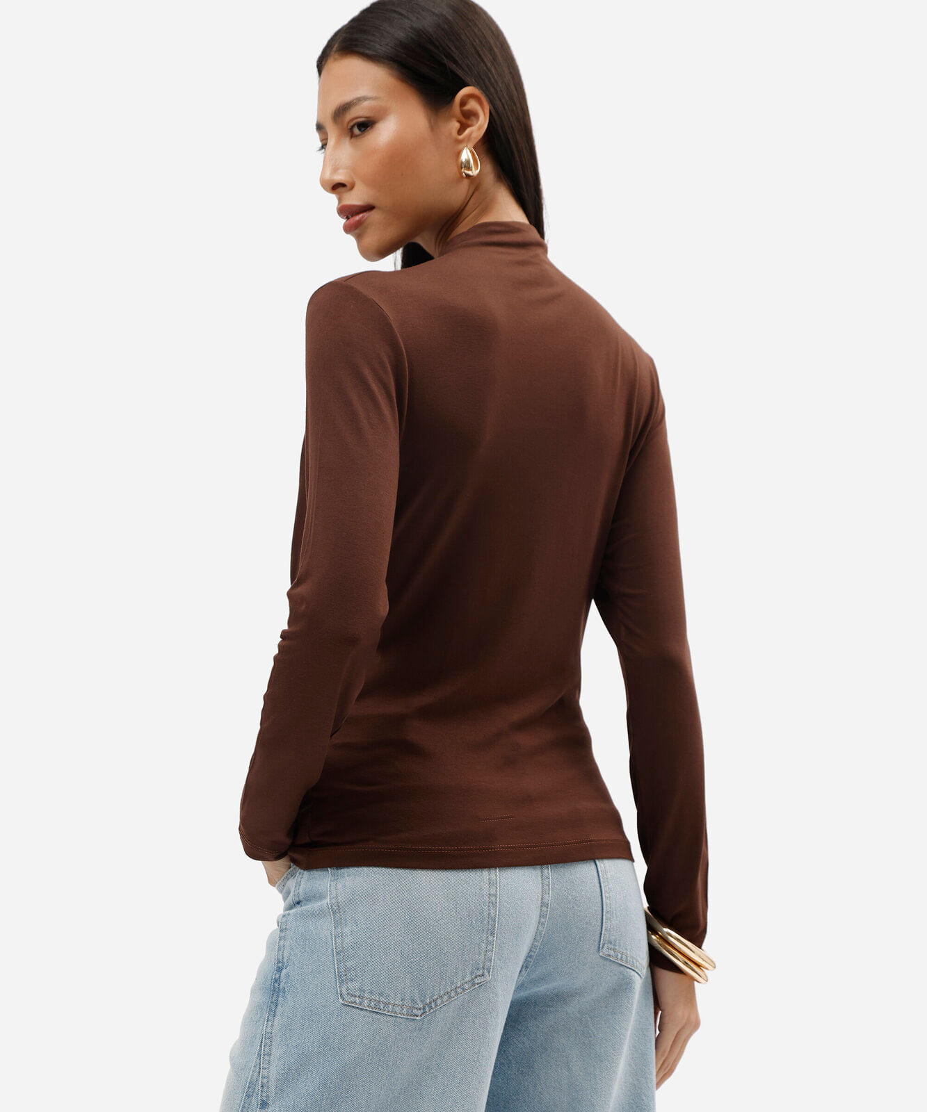 blusa feminina de viscose manga longa franzida marrom