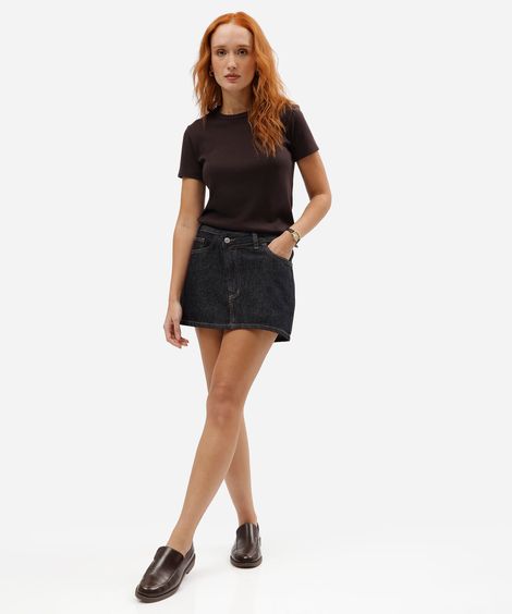minissaia feminina jeans cós deslocado cintura média azul