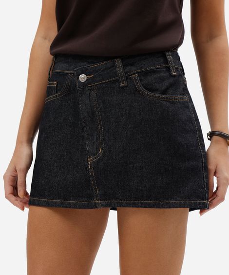 minissaia feminina jeans cós deslocado cintura média azul