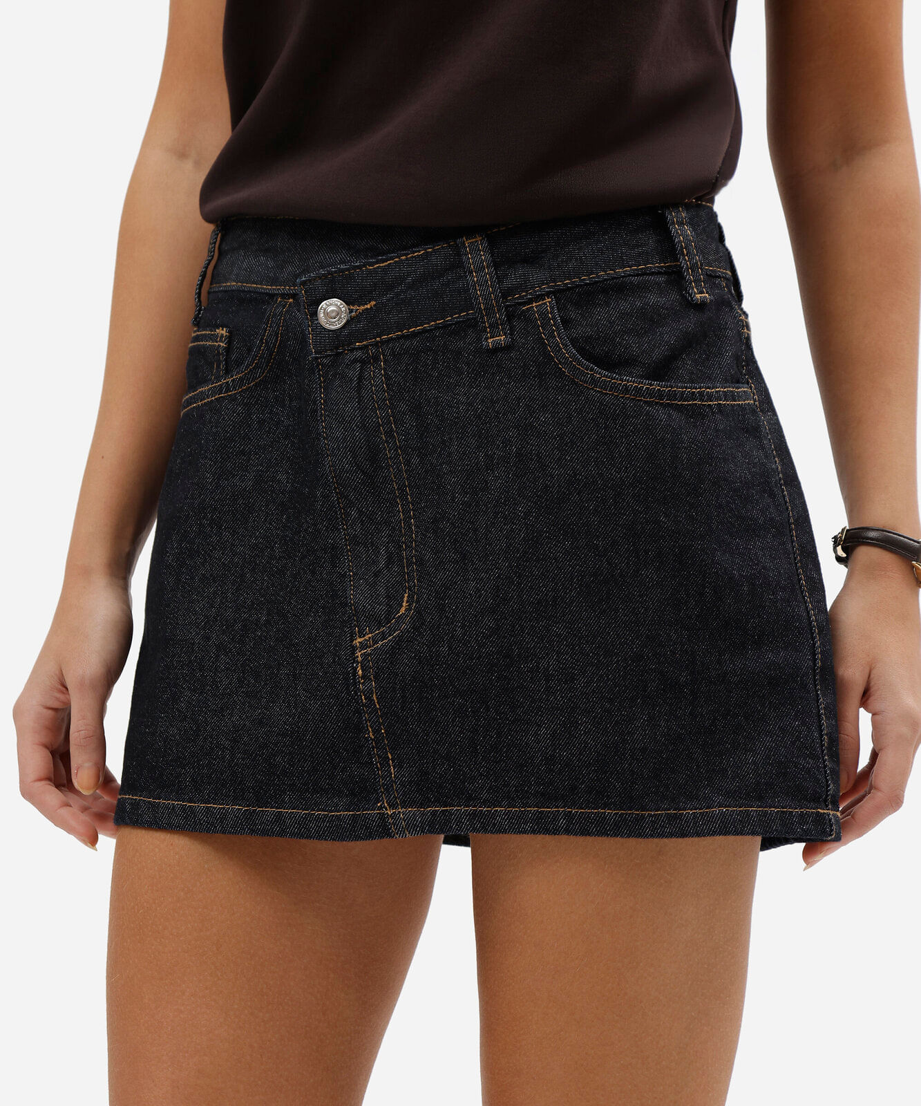 minissaia feminina jeans cós deslocado cintura média azul