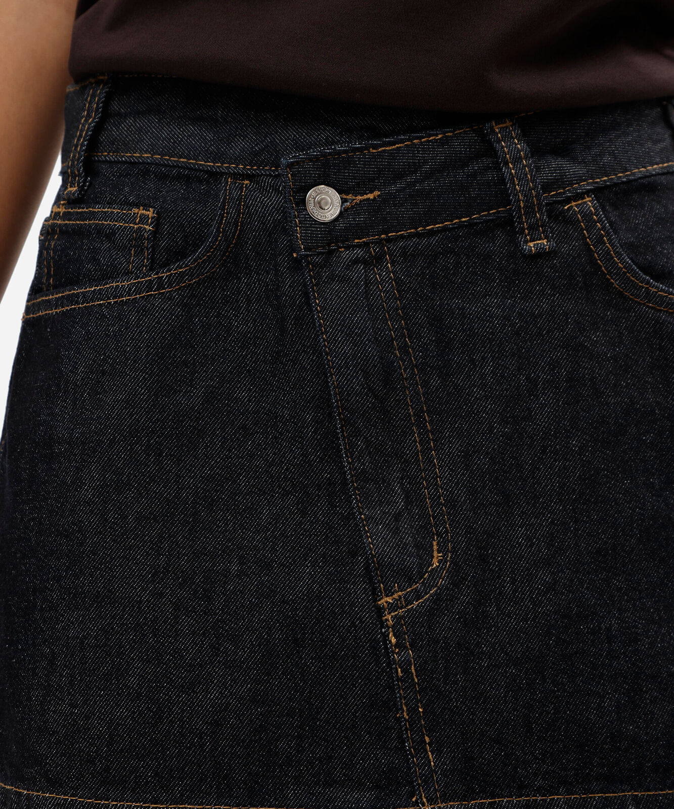 minissaia feminina jeans cós deslocado cintura média azul