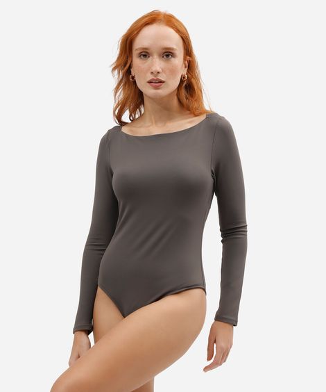 body feminino de poliamida decote canoa manga longa cinza