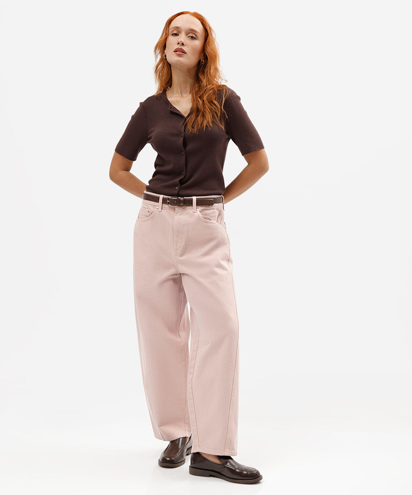 calça de sarja feminina barrel cintura média rosa
