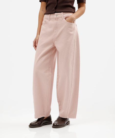 calça de sarja feminina barrel cintura média rosa