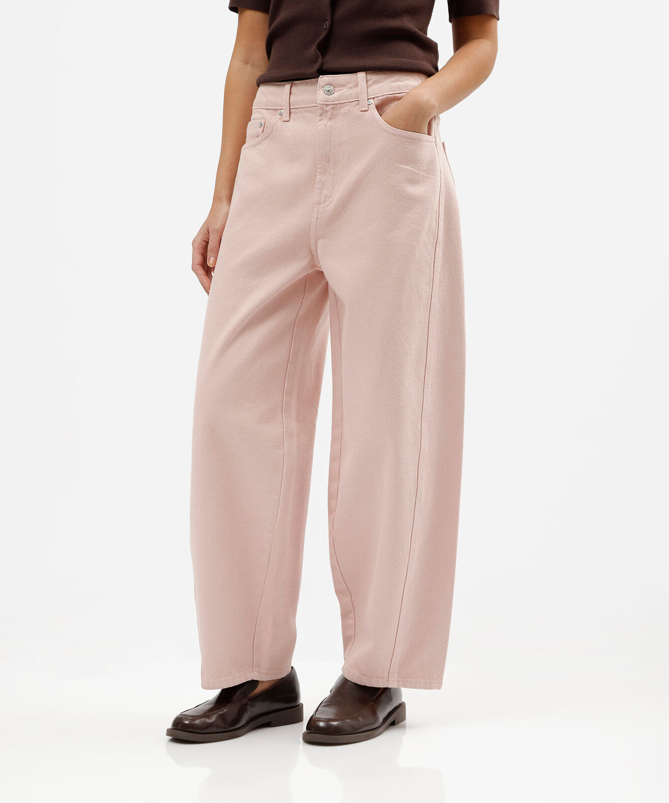 calça de sarja feminina barrel cintura média rosa