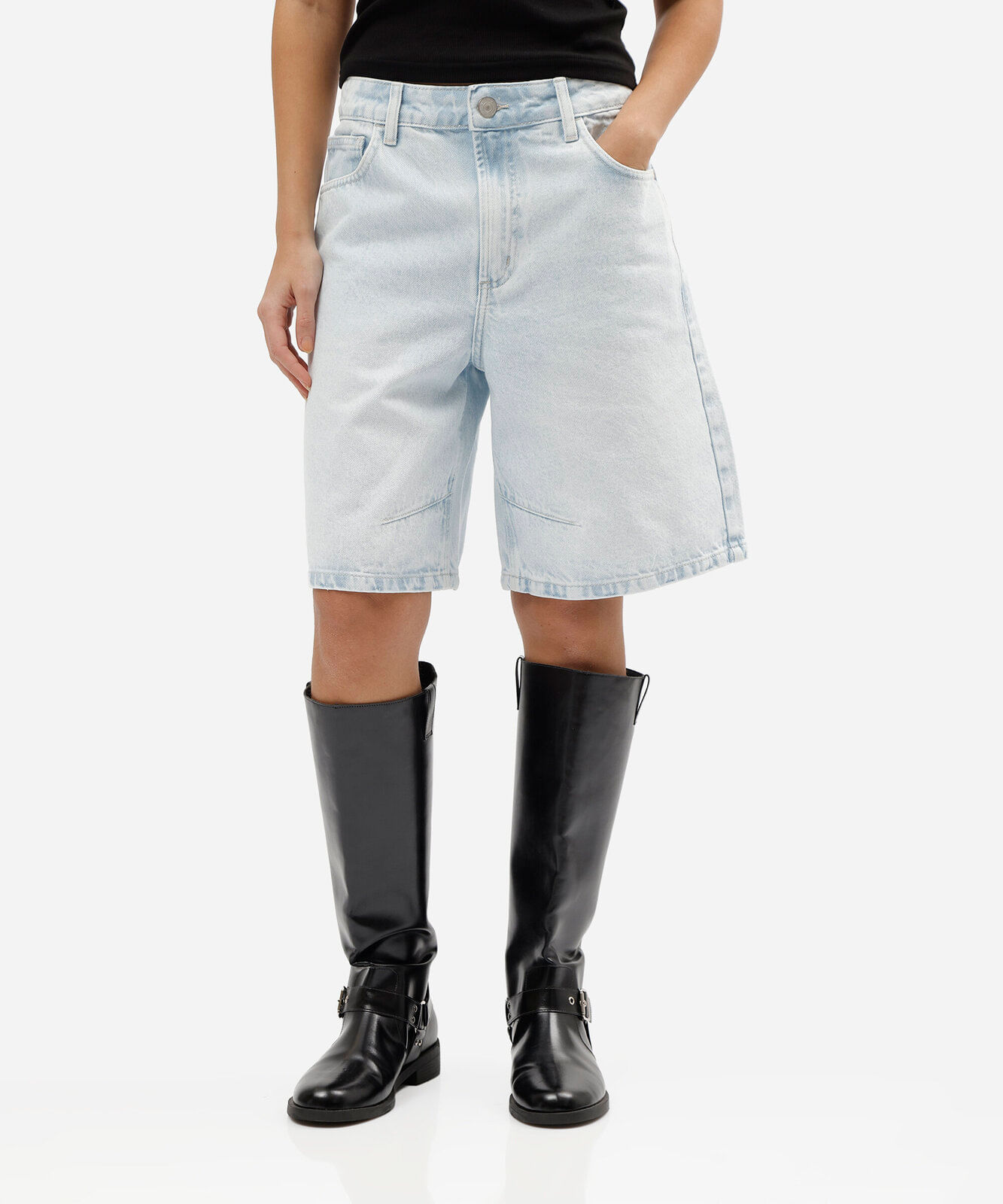 bermuda feminina jeans cintura média azul