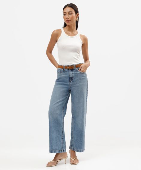 calça pantacourt feminina jeans cintura alta com cinto azul