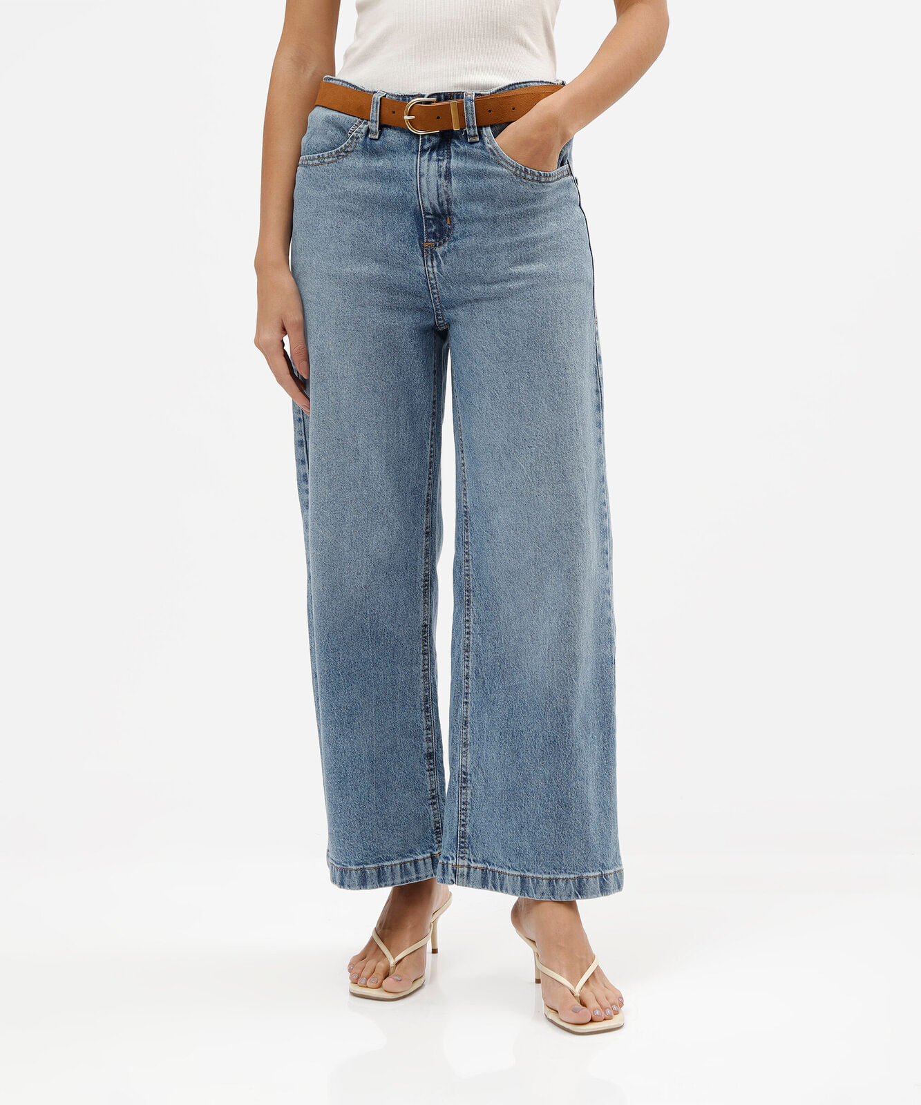 calça pantacourt feminina jeans cintura alta com cinto azul
