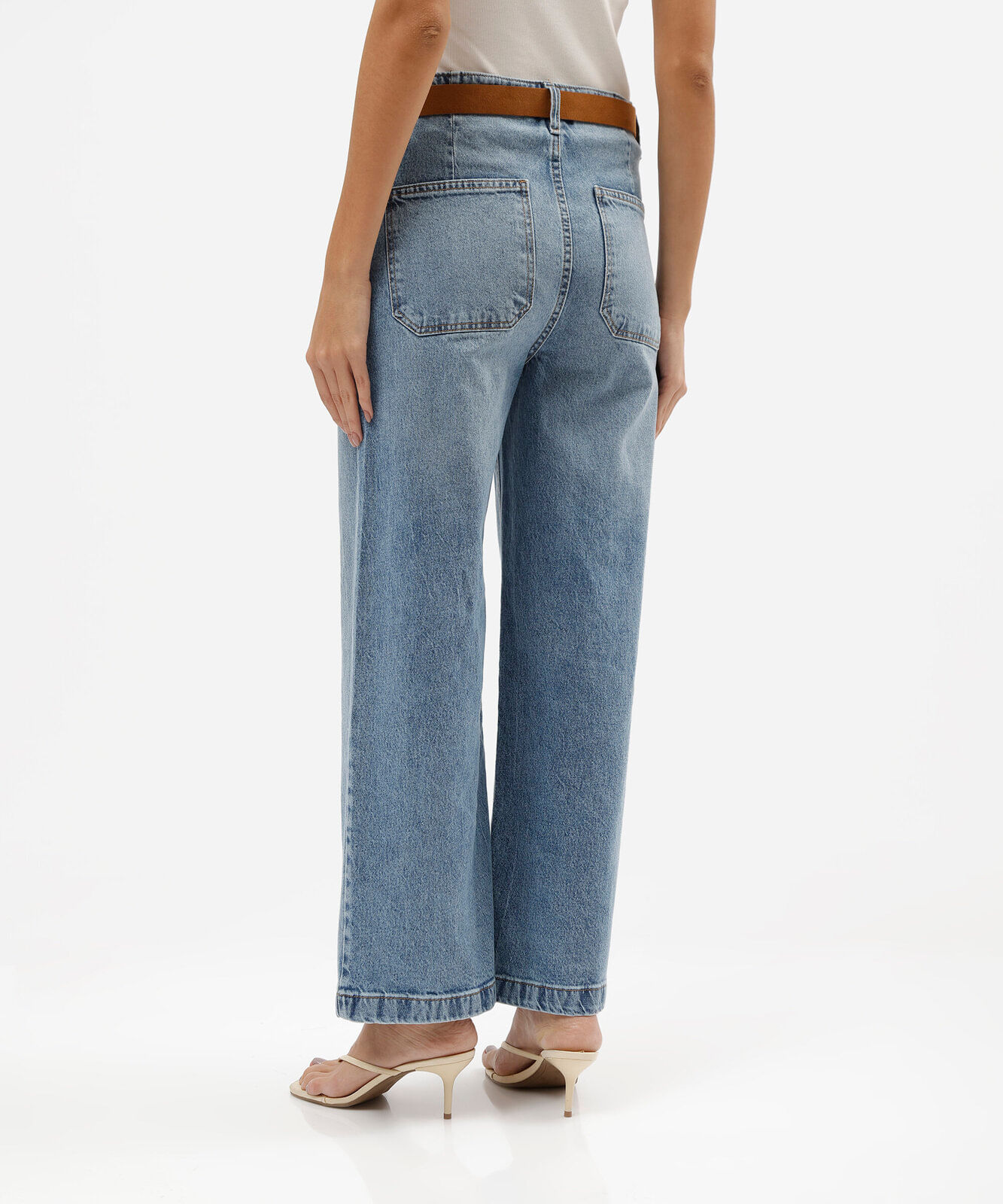 calça pantacourt feminina jeans cintura alta com cinto azul