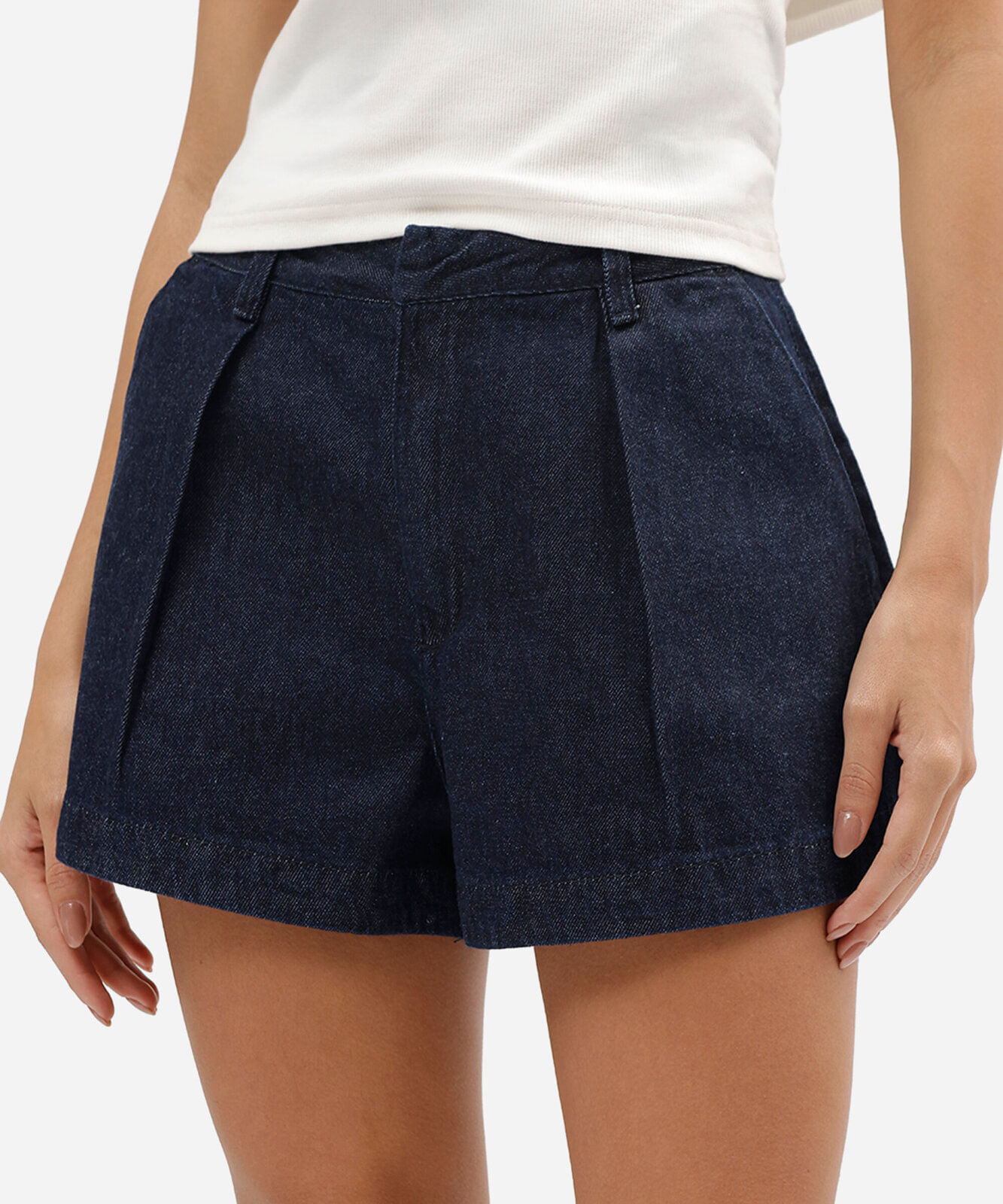 short feminino jeans com pregas cintura alta azul