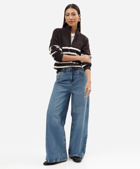 calça wide leg slim feminina jeans cintura média azul