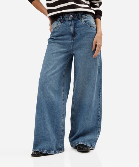 calça wide leg slim feminina jeans cintura média azul