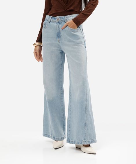 calça wide leg feminina jeans cintura média azul