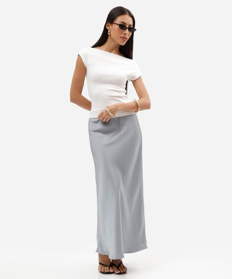 saia midi feminina acetinada cinza