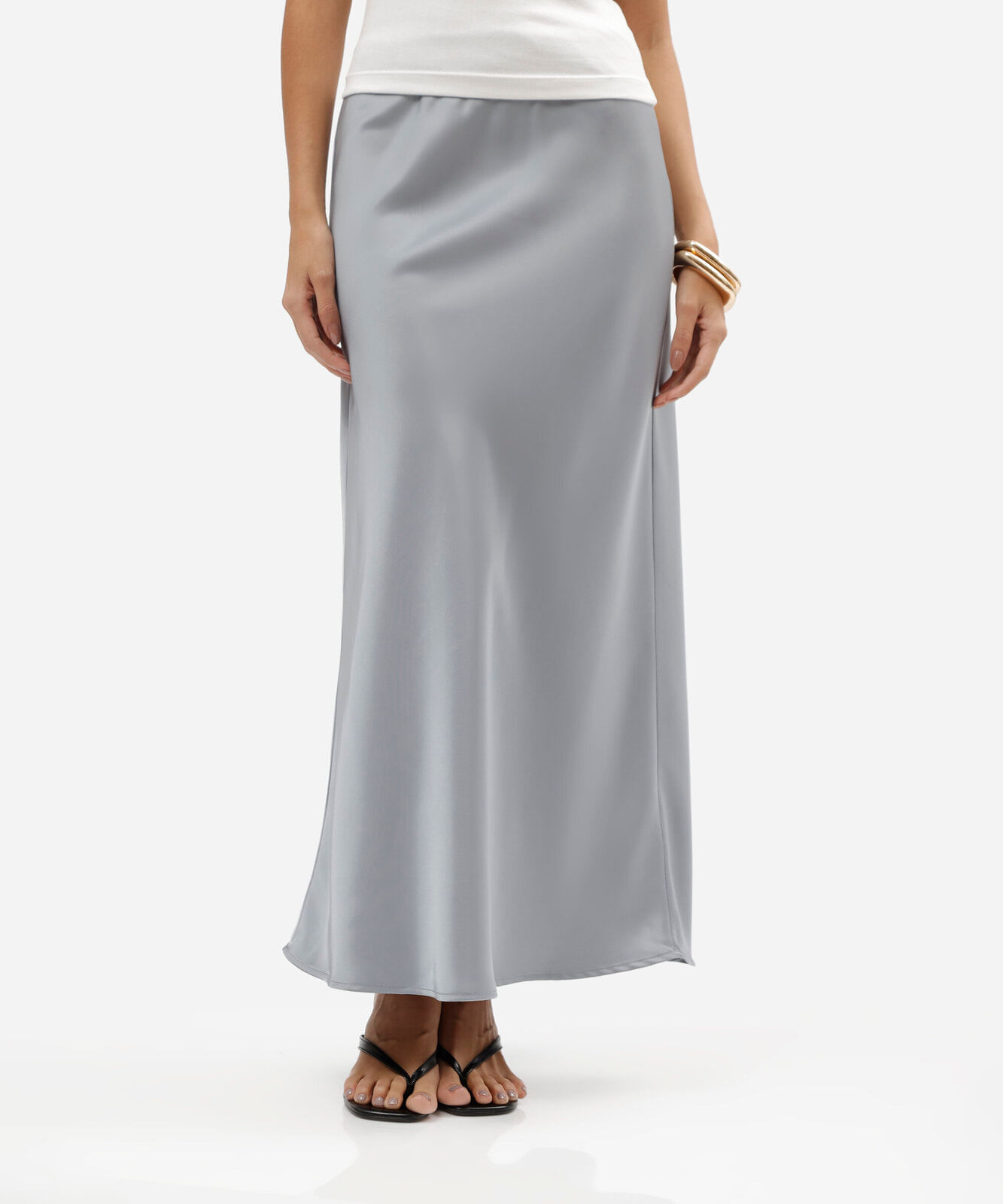 saia midi feminina acetinada cinza