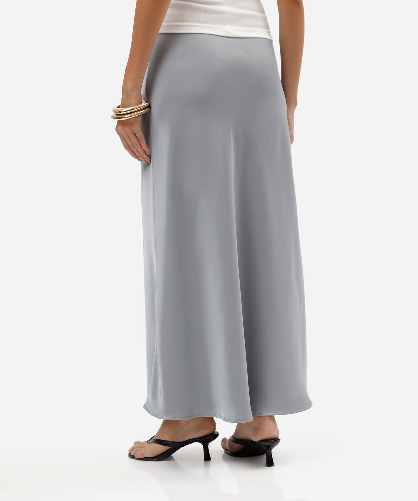 saia midi feminina acetinada cinza