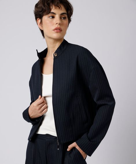 jaqueta feminina gola alta risca de giz mindset azul