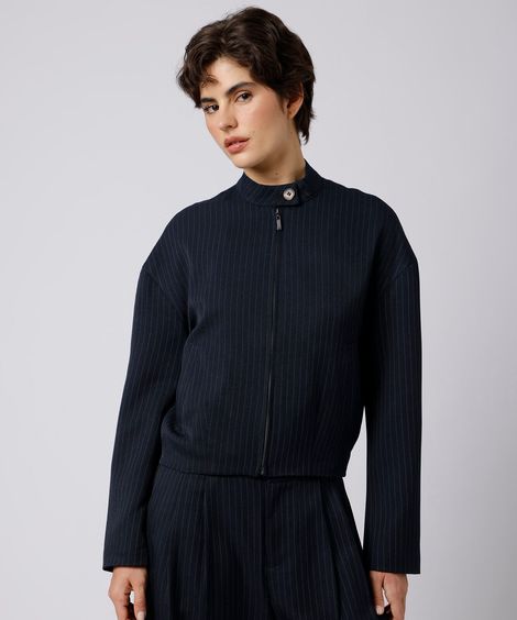 jaqueta feminina gola alta risca de giz mindset azul