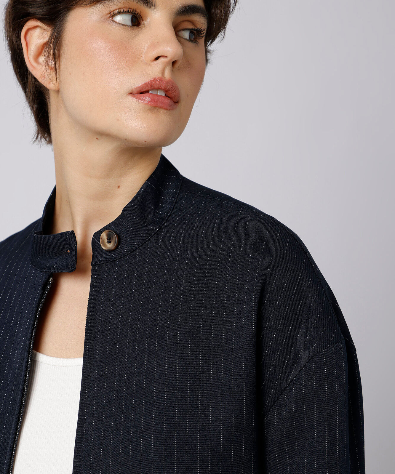 jaqueta feminina gola alta risca de giz mindset azul