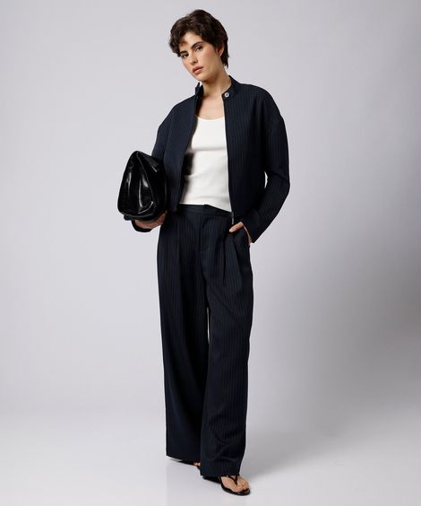 calça wide leg de alfaiataria feminina com pregas risca de giz mindset azul