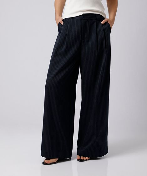 calça wide leg de alfaiataria feminina com pregas risca de giz mindset azul