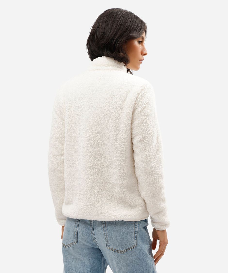 jaqueta feminina de pelúcia gola alta com bolsos off white