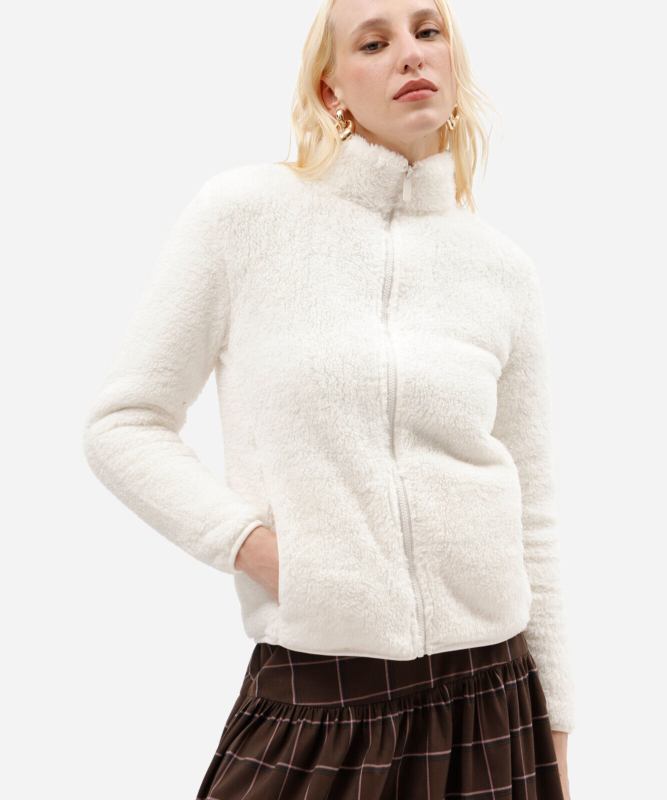jaqueta feminina de pelúcia gola alta com bolsos off white