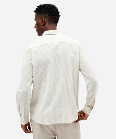 camisa masculina com linho manga longa listrada bege