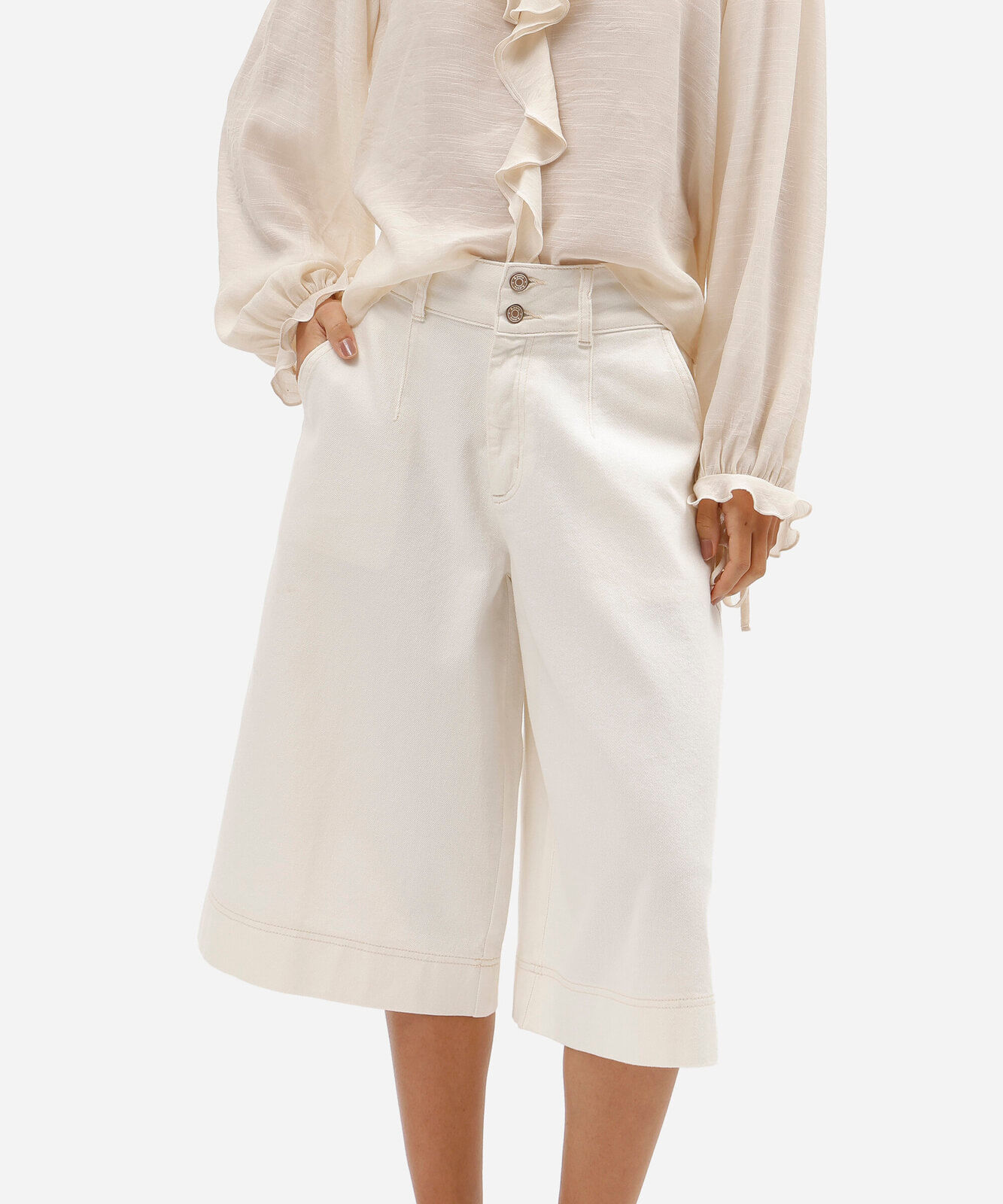 bermuda maxi jorts feminina de sarja cintura alta bege