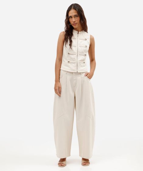 calça baggy balloon cropped feminina de sarja cintura média  bege