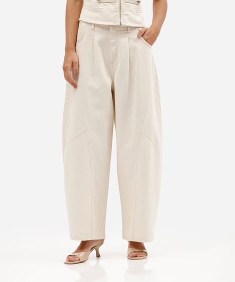 calça baggy balloon cropped feminina de sarja cintura média  bege