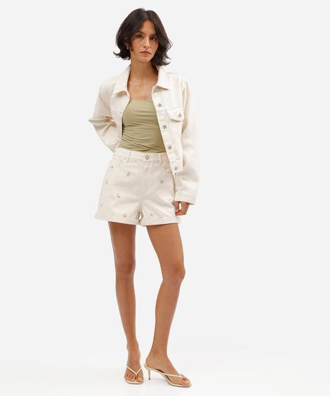 short mom feminino de sarja cintura alta com bordado floral bege