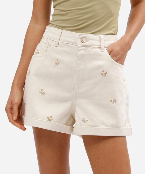 short mom feminino de sarja cintura alta com bordado floral bege