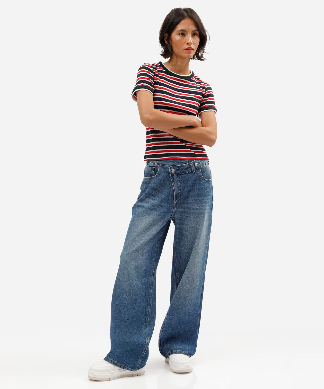 calça wide leg feminina jeans cintura alta cós cruzado azul