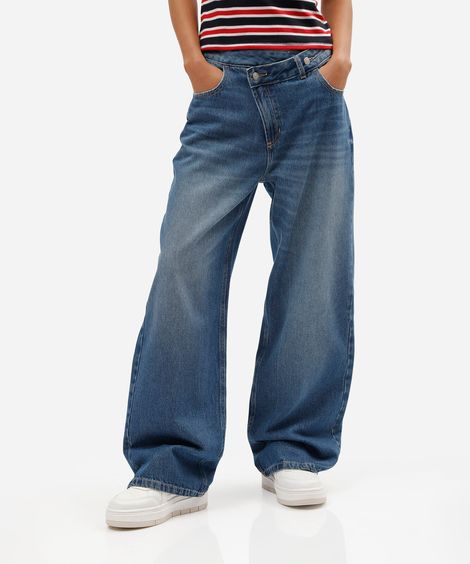 calça wide leg feminina jeans cintura alta cós cruzado azul