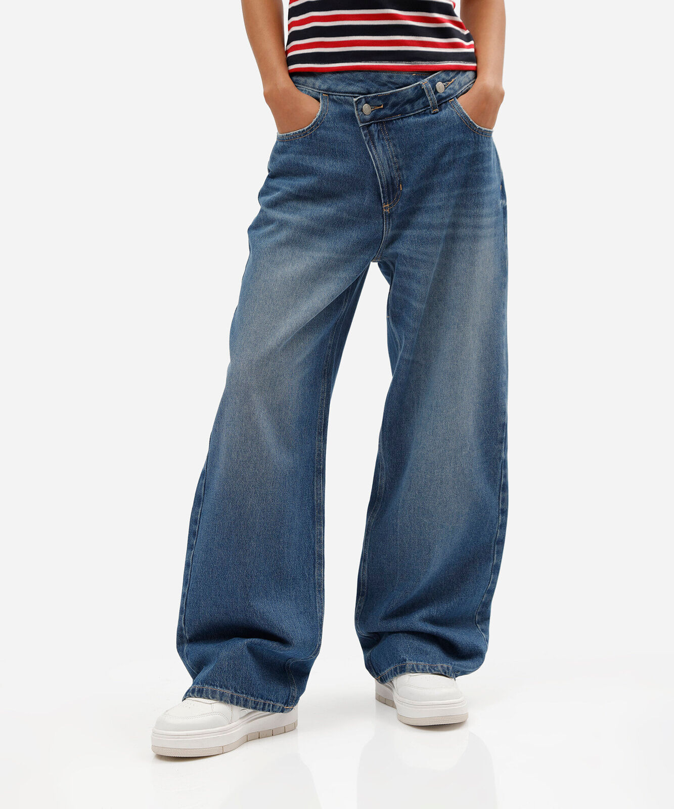 calça wide leg feminina jeans cintura alta cós cruzado azul