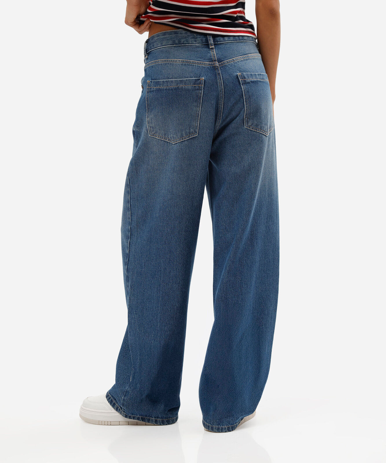 calça wide leg feminina jeans cintura alta cós cruzado azul