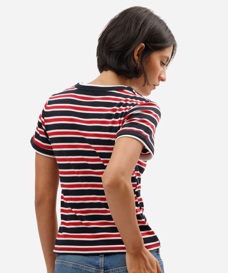 camiseta baby look feminina com algodão manga curta azul