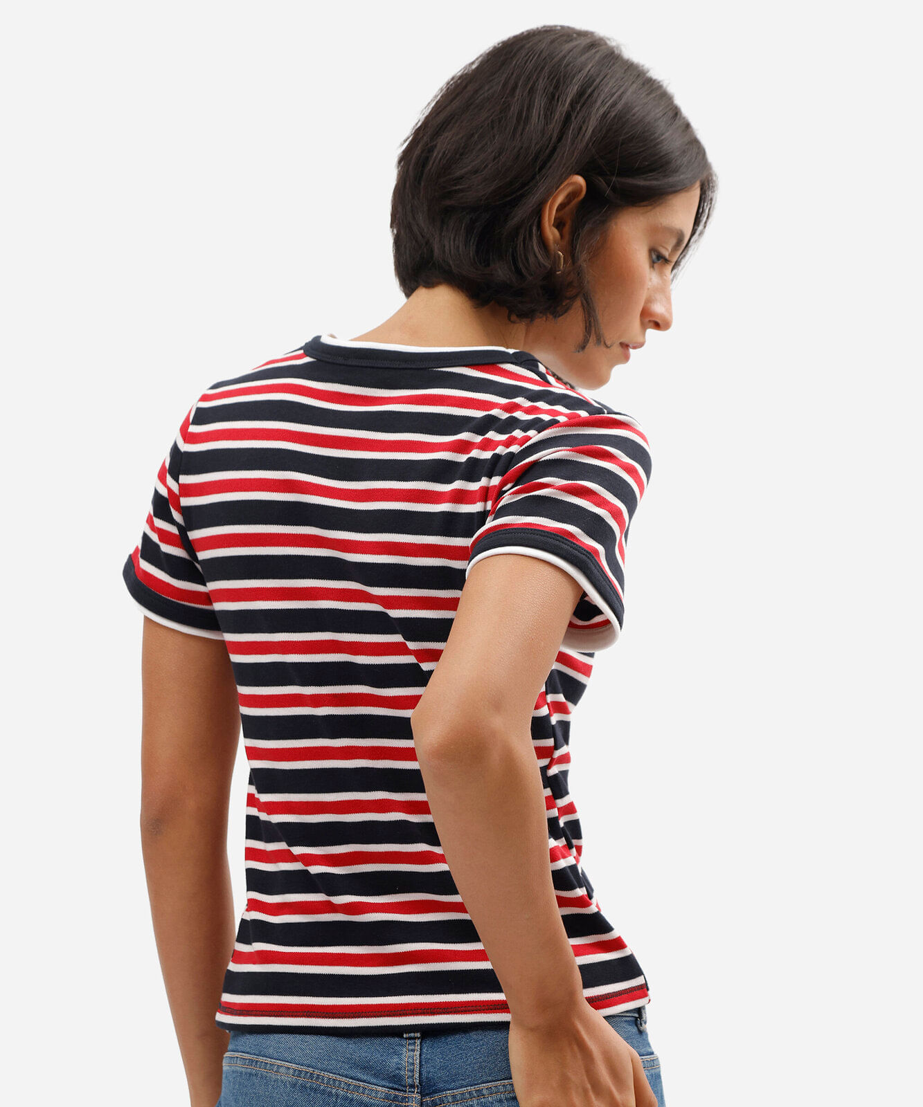 camiseta baby look feminina com algodão manga curta azul